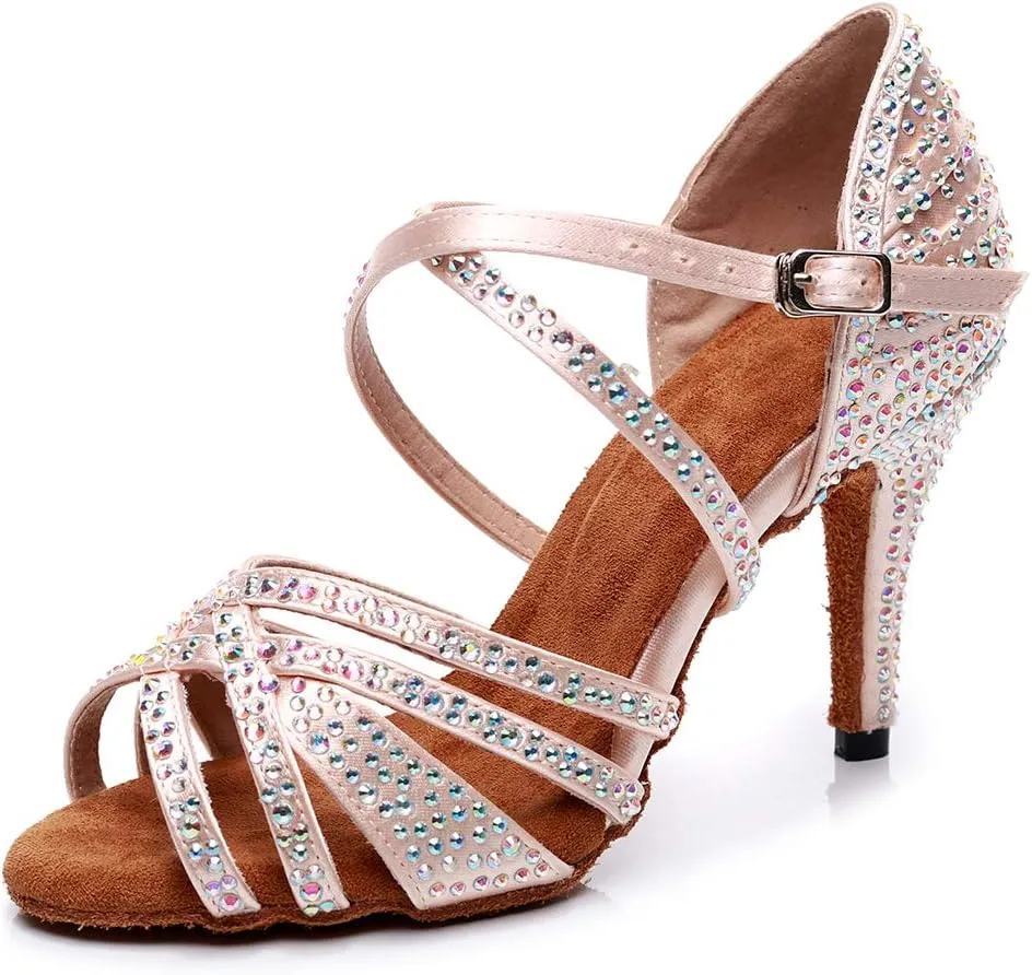 DKZSYIM Women Rhinestone Latin Ballroom Dance Shoes Bachata Salsa Practice Performance Dance Shoes,Model QJW7167