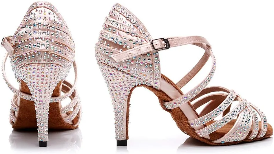 DKZSYIM Women Rhinestone Latin Ballroom Dance Shoes Bachata Salsa Practice Performance Dance Shoes,Model QJW7167