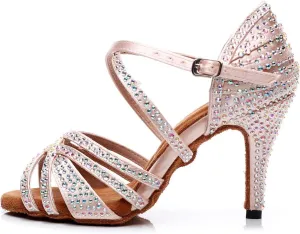 DKZSYIM Women Rhinestone Latin Ballroom Dance Shoes Bachata Salsa Practice Performance Dance Shoes,Model QJW7167
