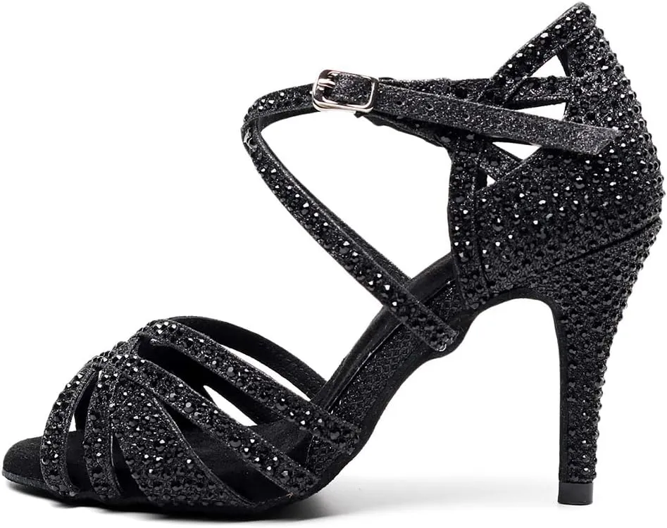 DKZSYIM Women Rhinestone Latin Ballroom Dance Shoes Bachata Salsa Practice Performance Dance Shoes,Model QJW7169