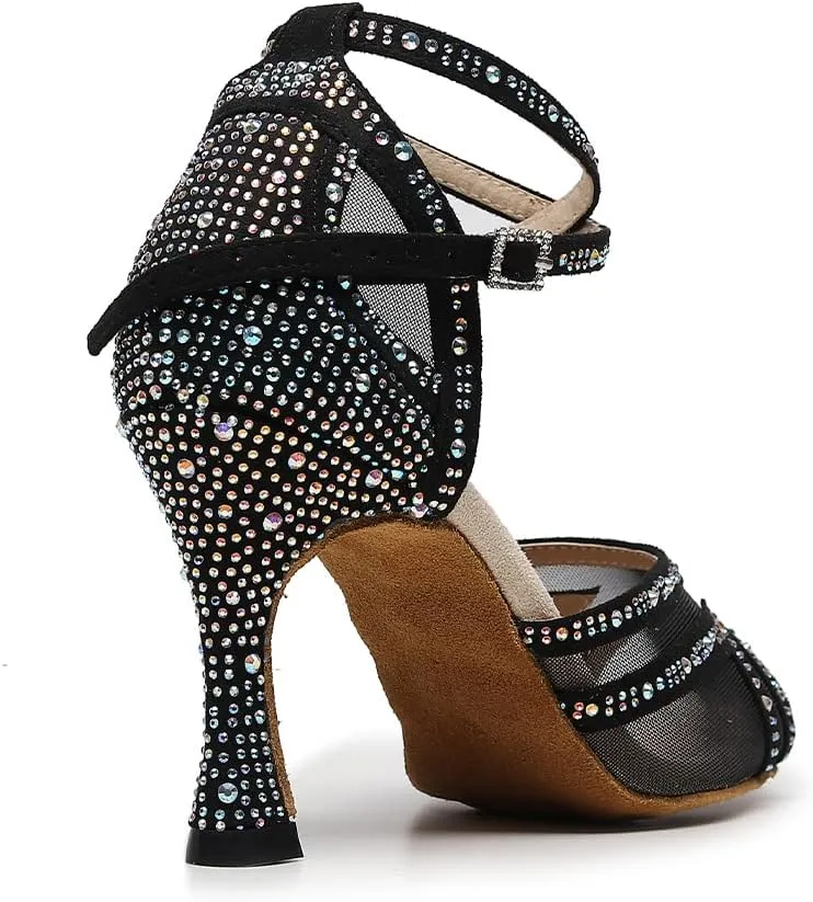 DKZSYIM Women Rhinestone Latin Ballroom Dance Shoes Bachata Salsa Practice Performance Dance Shoes,Model QJW9014