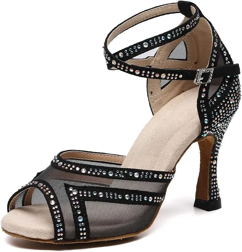 DKZSYIM Women Rhinestone Latin Ballroom Dance Shoes Bachata Salsa Practice Performance Dance Shoes,Model QJW9014