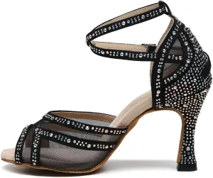 DKZSYIM Women Rhinestone Latin Ballroom Dance Shoes Bachata Salsa Practice Performance Dance Shoes,Model QJW9014