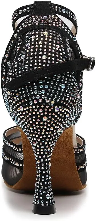 DKZSYIM Women Rhinestone Latin Ballroom Dance Shoes Bachata Salsa Practice Performance Dance Shoes,Model QJW9014