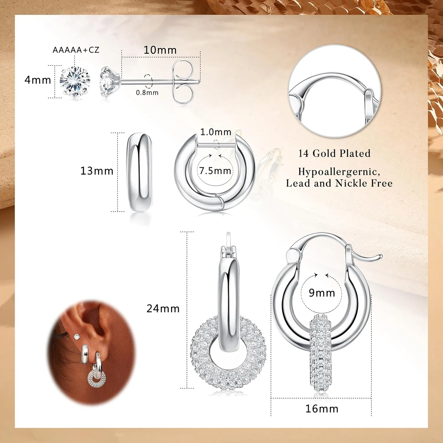 Dochais Small Gold Huggie Hoop Earrings Set for Women, 14K Gold Plated Brass Thick Chunky Hoop & Cubic Zirconia cartilage and Studs, Lightweight Hypoallergenic Dainty Jewelry for Women