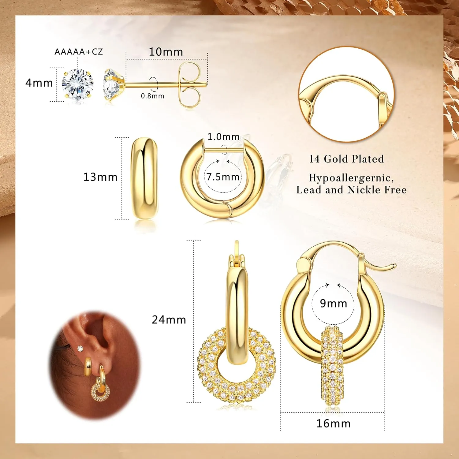 Dochais Small Gold Huggie Hoop Earrings Set for Women, 14K Gold Plated Brass Thick Chunky Hoop & Cubic Zirconia cartilage and Studs, Lightweight Hypoallergenic Dainty Jewelry for Women