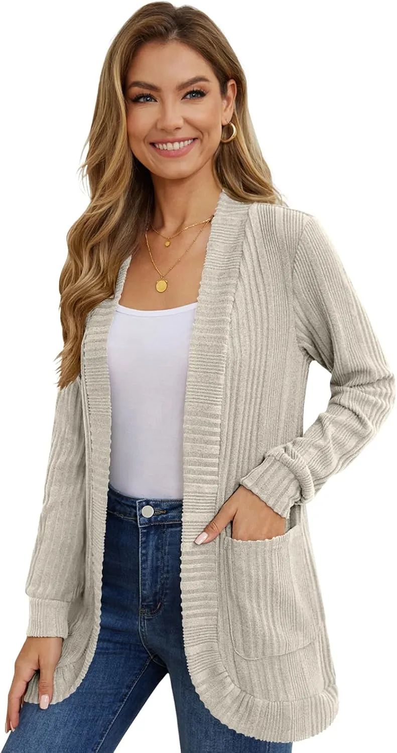 DouBCQ Womens Long Cardigans Lightweight Open Front Long Sleeve Cardigan Sweater with Pockets