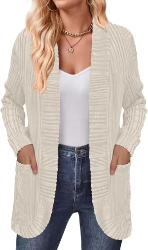 DouBCQ Womens Long Cardigans Lightweight Open Front Long Sleeve Cardigan Sweater with Pockets