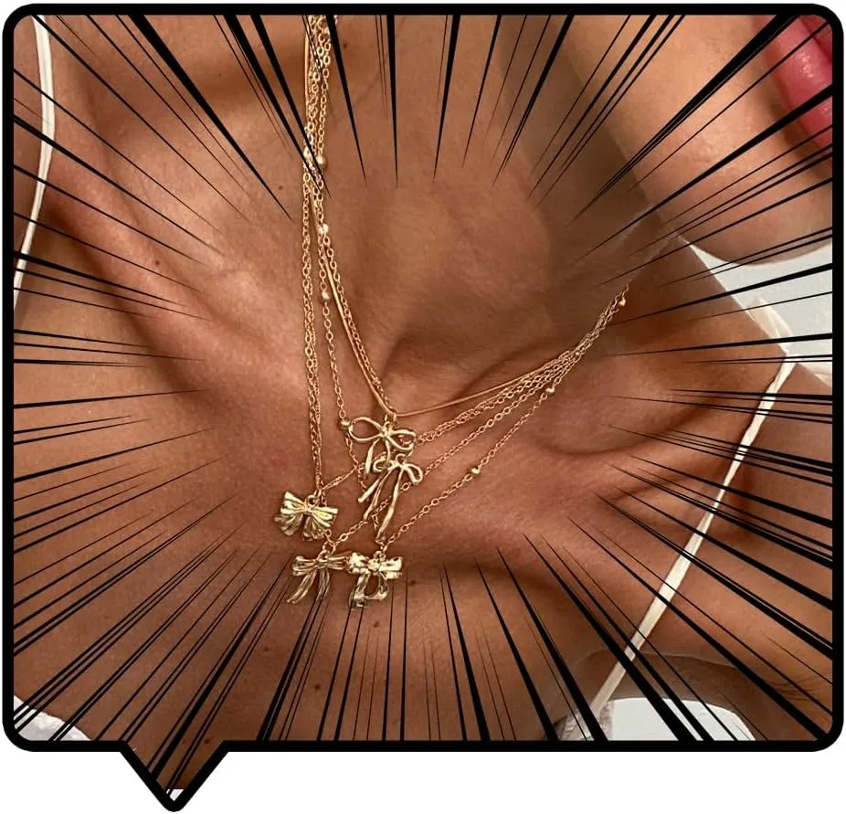 Doubnine Layered Gold Bow Charm Necklace, Multi-Strand Chain, Dainty Pendant Design