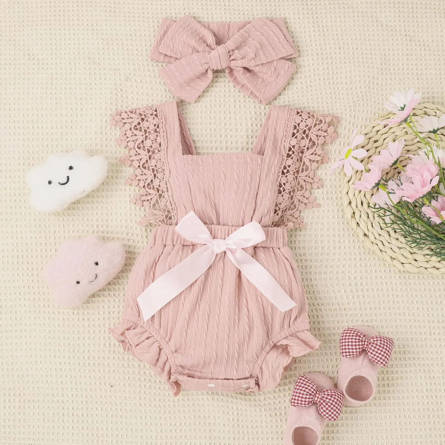 Douhoow Infant Baby Girl Plaid Romper Baby Short Sleeve Pleated Romper Bodysuit Summer Spring Outfits