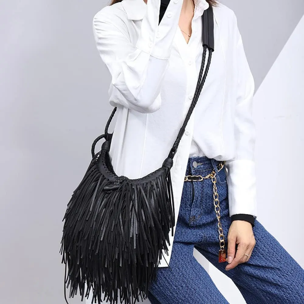 Downupdown Womens Crossbody Bag Fringe Purse Handbag Vintage Leather Shoulder Bag Ladies Tassel Satchel Hobo Bags Casual Bag