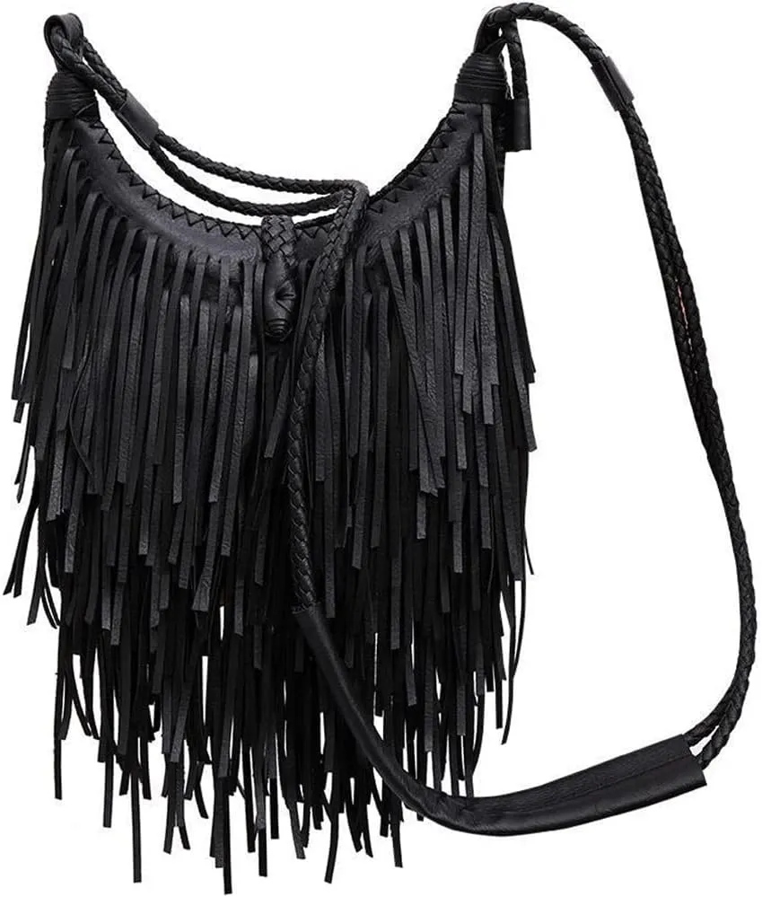 Downupdown Womens Crossbody Bag Fringe Purse Handbag Vintage Leather Shoulder Bag Ladies Tassel Satchel Hobo Bags Casual Bag