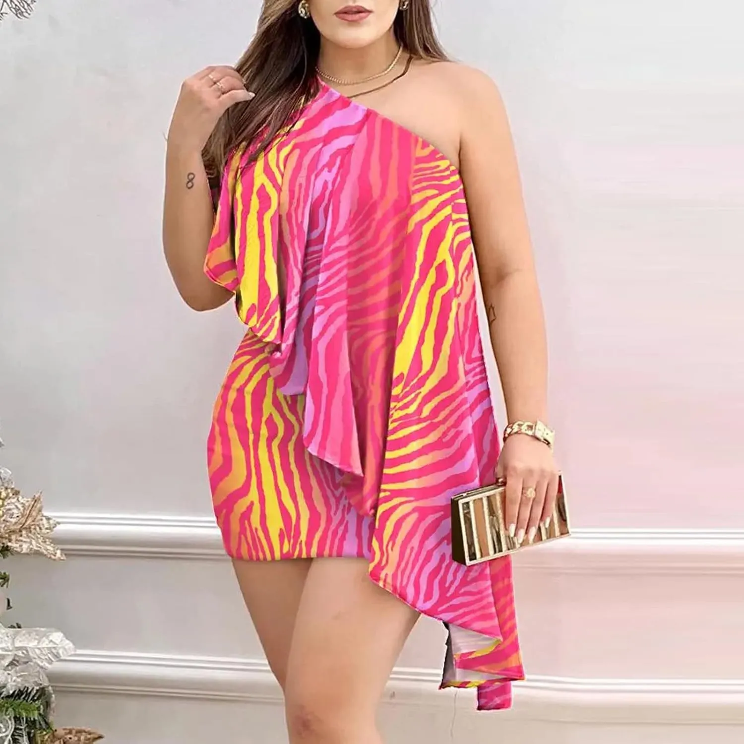 Dress for Women, Women's Fashion Sexy Summer Off Shoulder Short Sleeve Sequin Ruffle Irregular Dresses