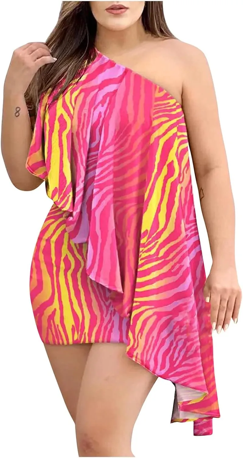 Dress for Women, Women's Fashion Sexy Summer Off Shoulder Short Sleeve Sequin Ruffle Irregular Dresses