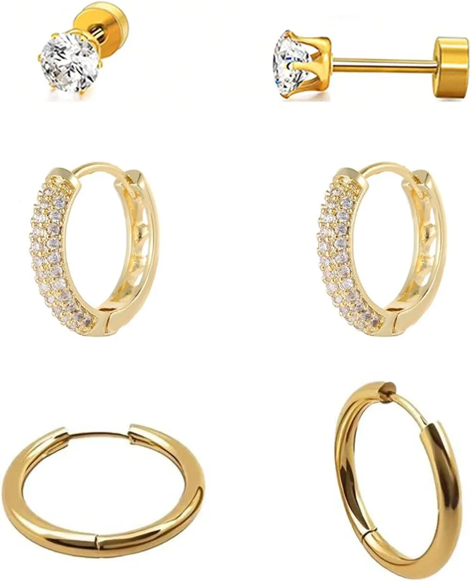 Earring Set for Women, 3-Piece Earrings 4mm Cubic Zirconia Studs, Oval Huggie Hoops & 20mm Hoops Earrings Hypoallergenic Titanium Steel Gold Jewelry Gift