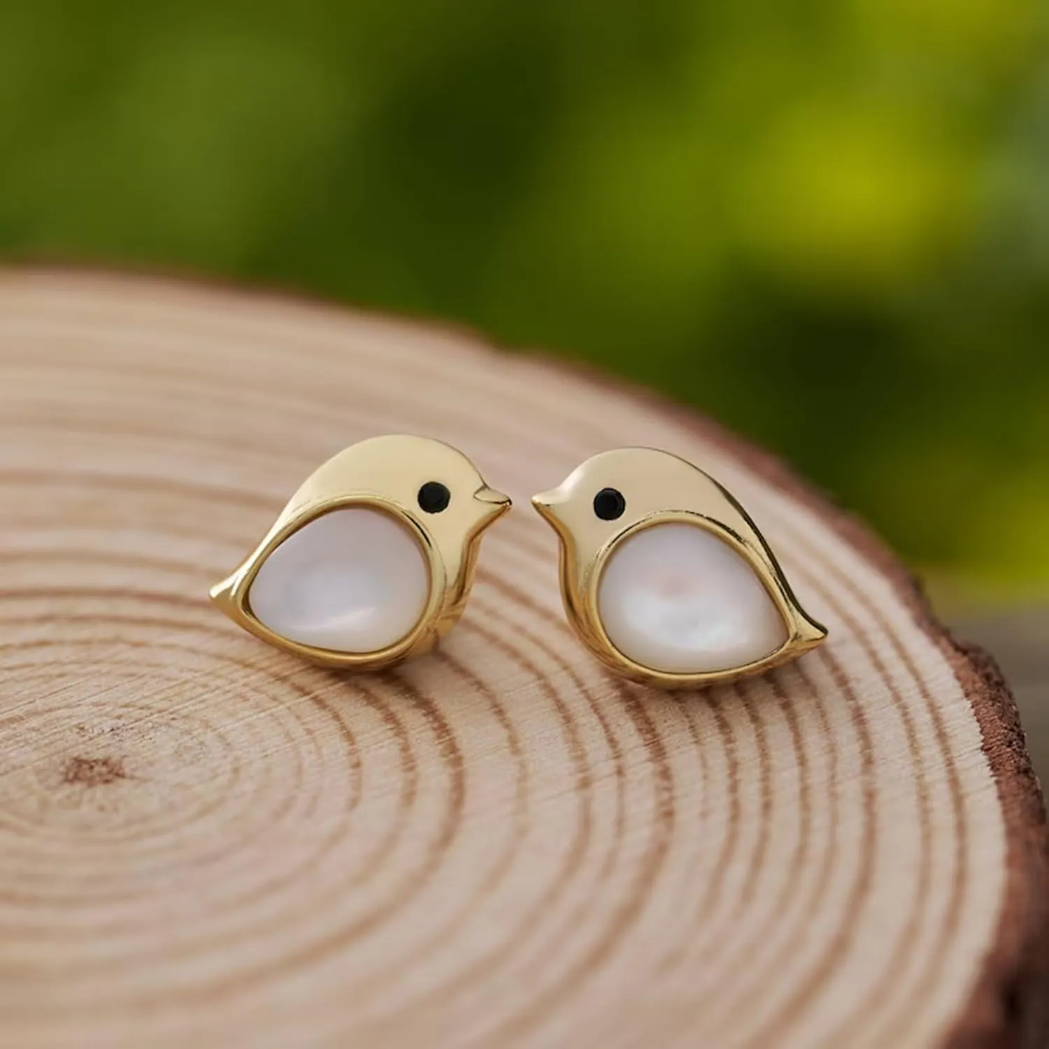 Earrings, Gold Sterling Silver Mother Of Pearl Gemstone Birdie Studs, Dainty Nature-Inspired Earrings, Handmade Bird Jewelry, Minimalist Earrings