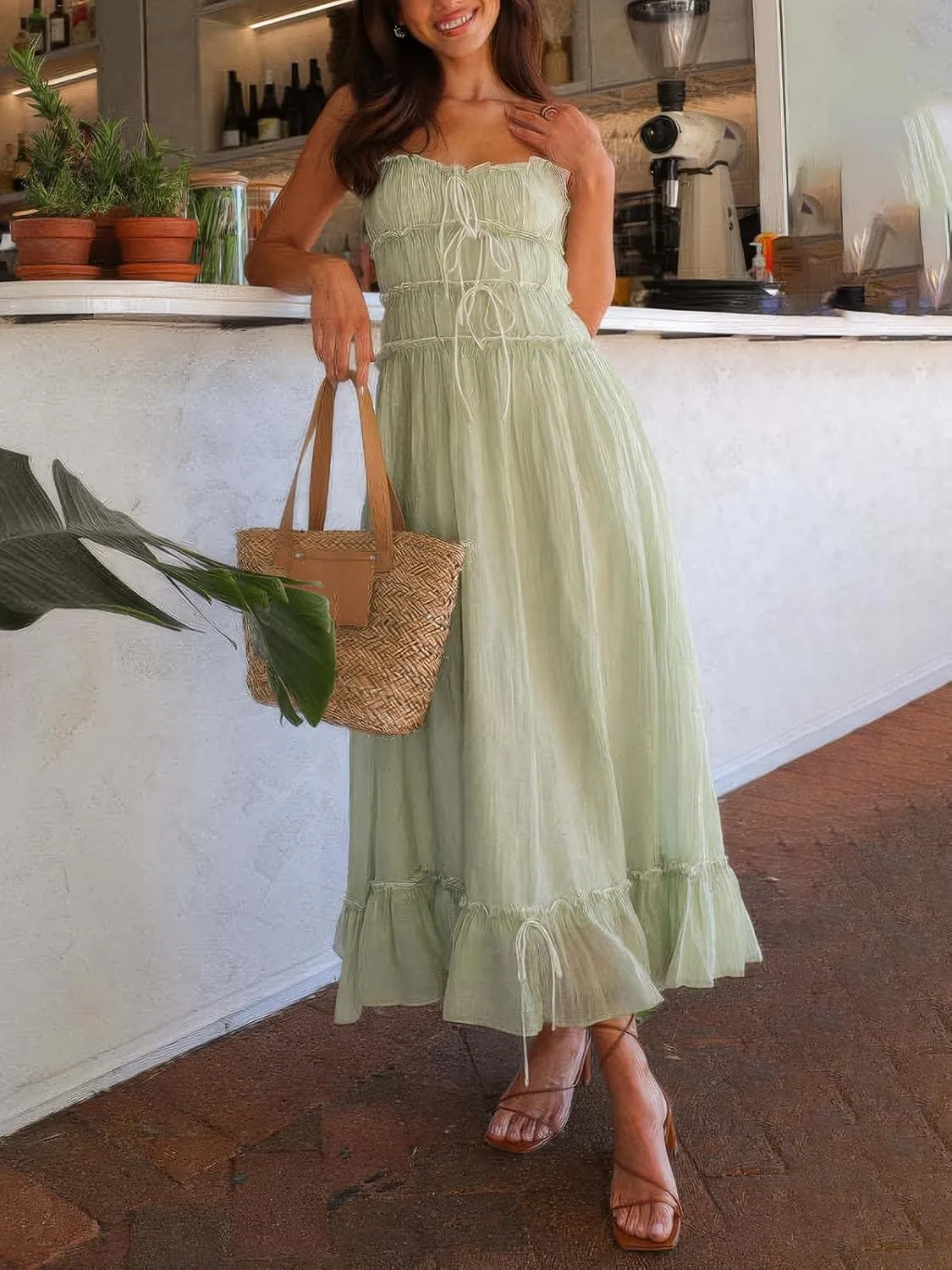 ebossy Women's Summer Spaghetti Strap Boho Long Dress Front Tie-Up Ruffles Flowy Swing Slip Sundress