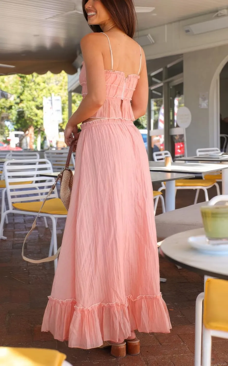 ebossy Women's Summer Spaghetti Strap Boho Long Dress Front Tie-Up Ruffles Flowy Swing Slip Sundress