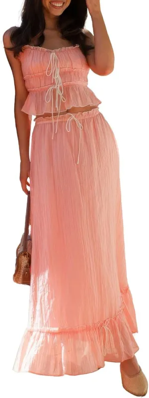 ebossy Women's Summer Spaghetti Strap Boho Long Dress Front Tie-Up Ruffles Flowy Swing Slip Sundress
