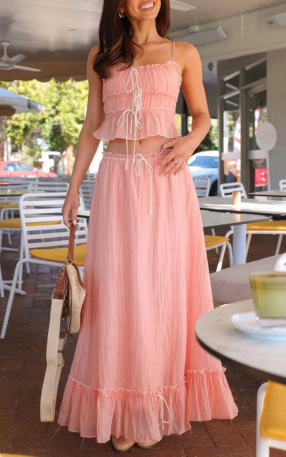 ebossy Women's Summer Spaghetti Strap Boho Long Dress Front Tie-Up Ruffles Flowy Swing Slip Sundress