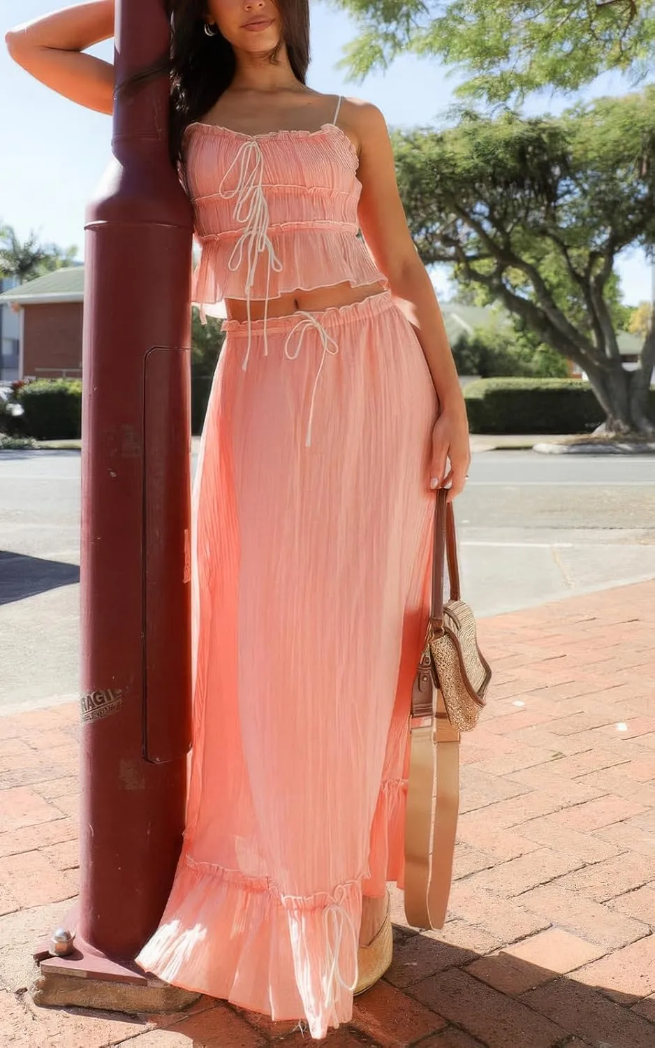 ebossy Women's Summer Spaghetti Strap Boho Long Dress Front Tie-Up Ruffles Flowy Swing Slip Sundress