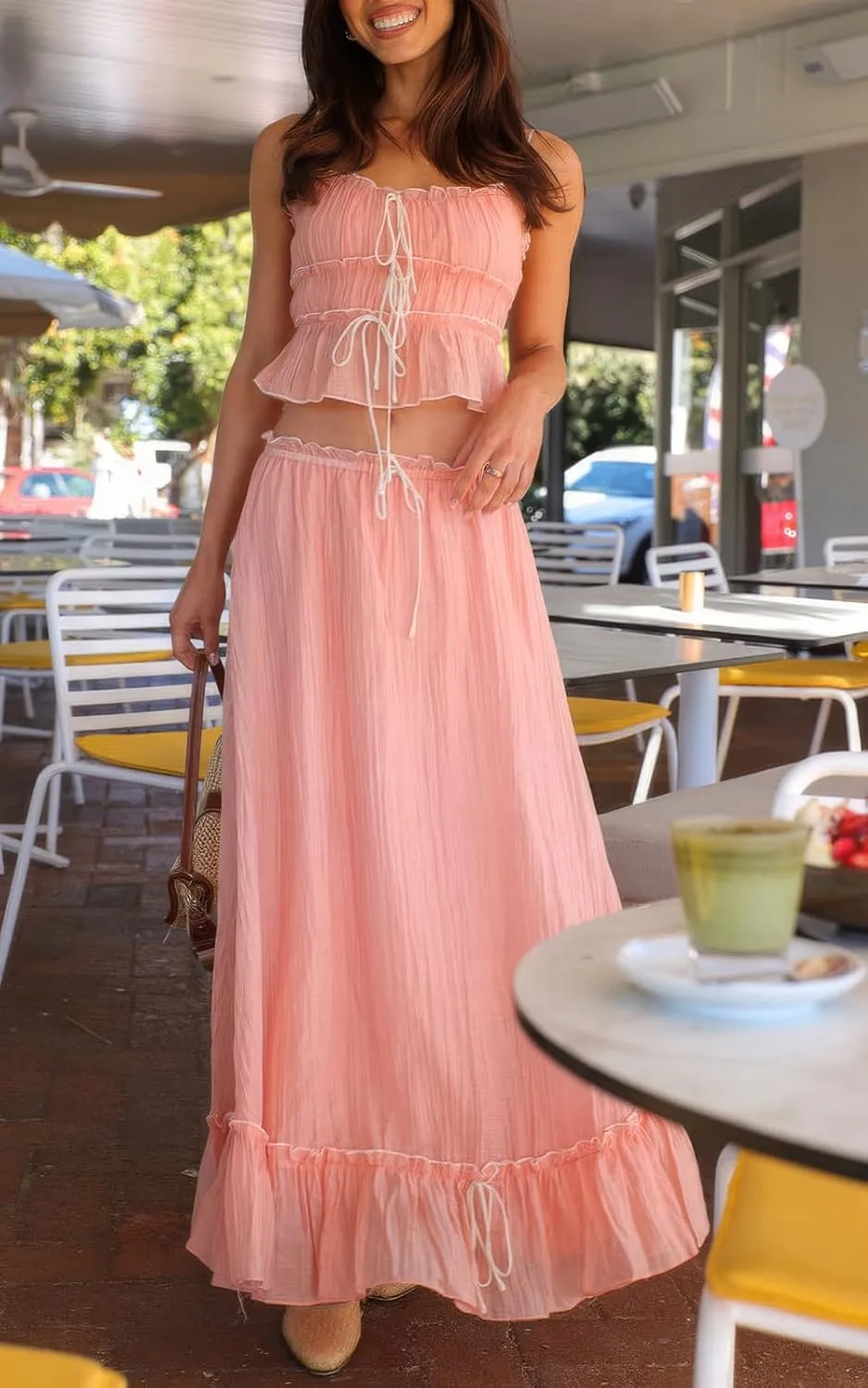 ebossy Women's Summer Spaghetti Strap Boho Long Dress Front Tie-Up Ruffles Flowy Swing Slip Sundress