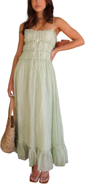 ebossy Women's Summer Spaghetti Strap Boho Long Dress Front Tie-Up Ruffles Flowy Swing Slip Sundress