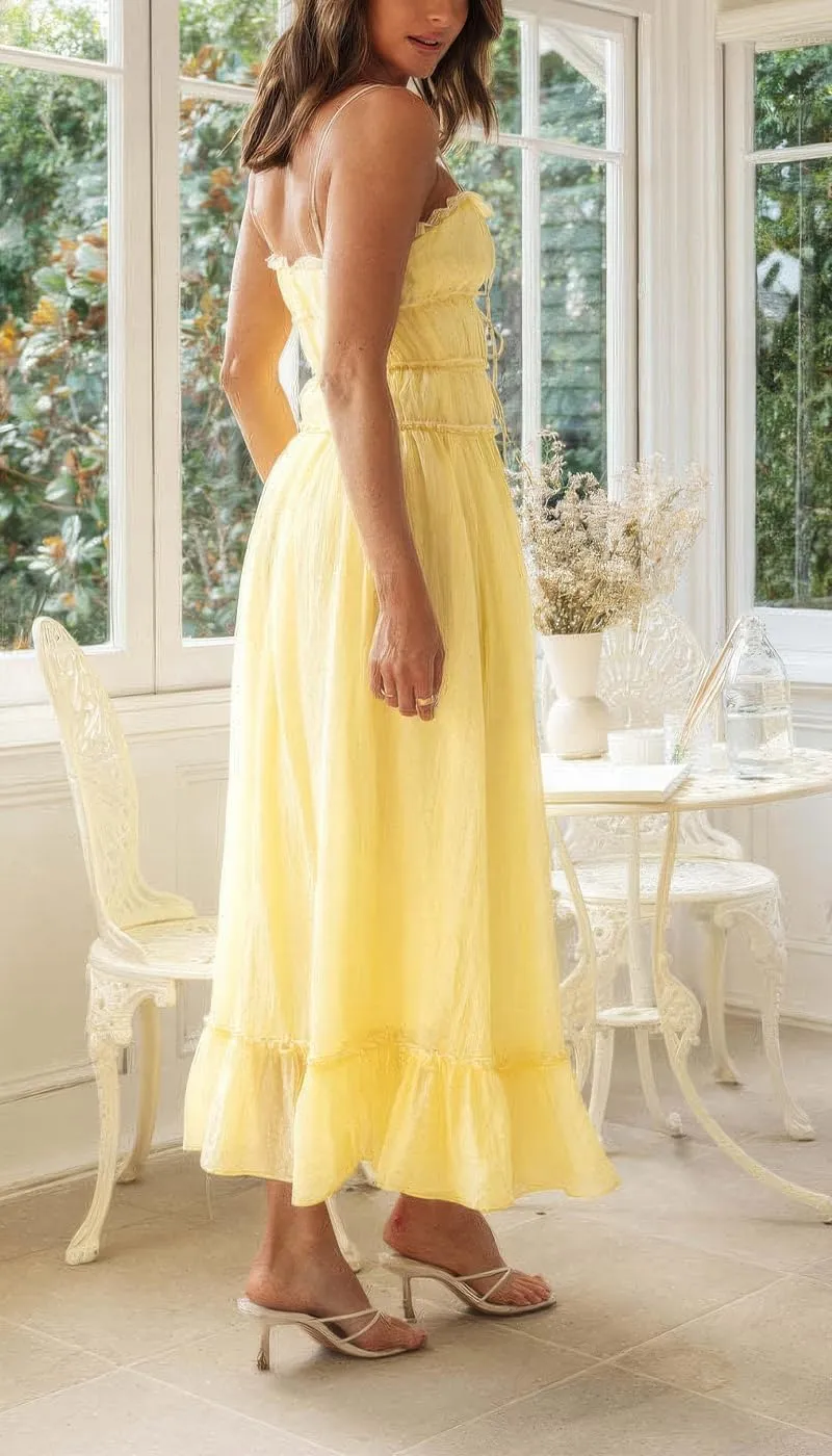 ebossy Women's Summer Spaghetti Strap Boho Long Dress Front Tie-Up Ruffles Flowy Swing Slip Sundress
