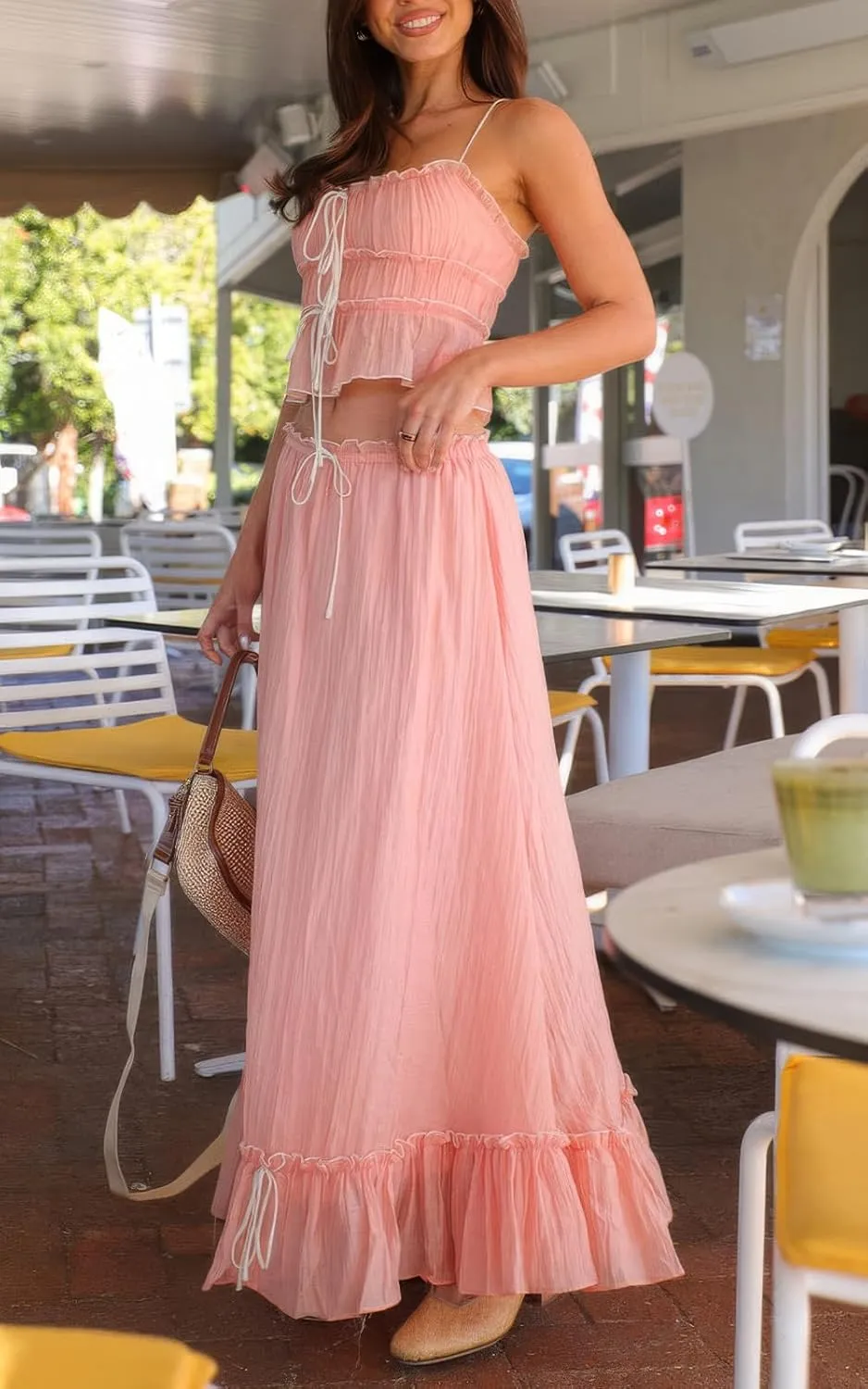 ebossy Women's Summer Spaghetti Strap Boho Long Dress Front Tie-Up Ruffles Flowy Swing Slip Sundress