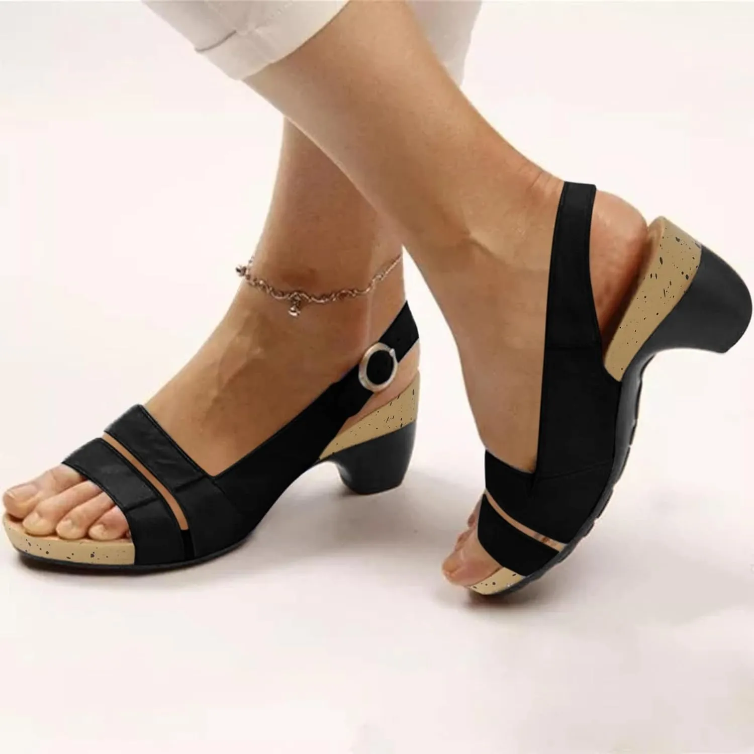 Eduavar Sandals for Women Open Toe Ankle Strap Low Block Dressy Summer Elegant Chunky Heels Sandals Party Dress Pumps Shoes