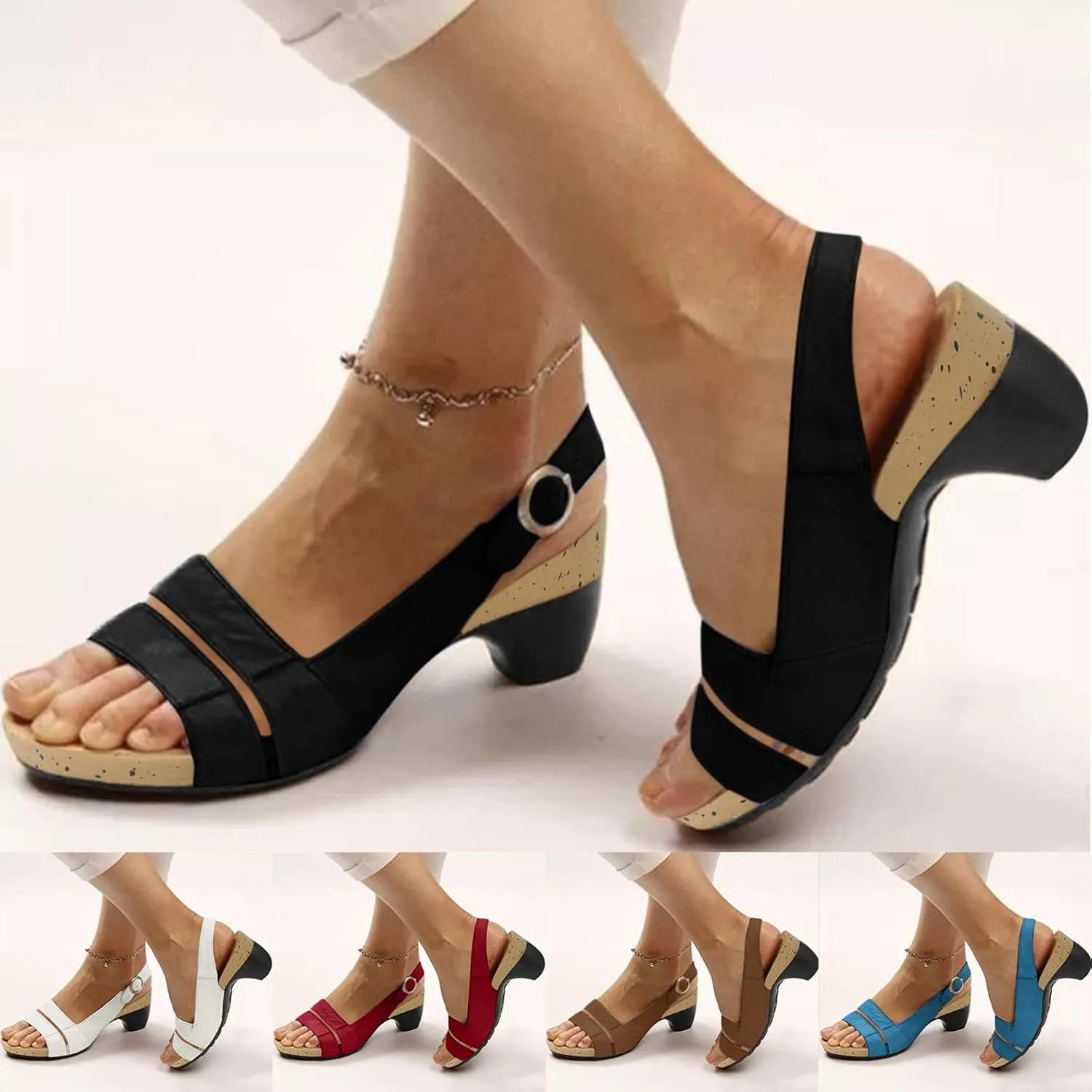 Eduavar Sandals for Women Open Toe Ankle Strap Low Block Dressy Summer Elegant Chunky Heels Sandals Party Dress Pumps Shoes