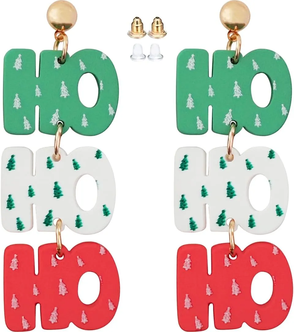 Eioi & Lmnm Acrylic Christmas HOHOHO Dangle Earrings for Women, Lightweight Christmas Drop Earrings, Hypoallergenic Xmas Long Stud Earrings, Green Red White X-mas HO Earrings, Cute Festive Jewelry Gift