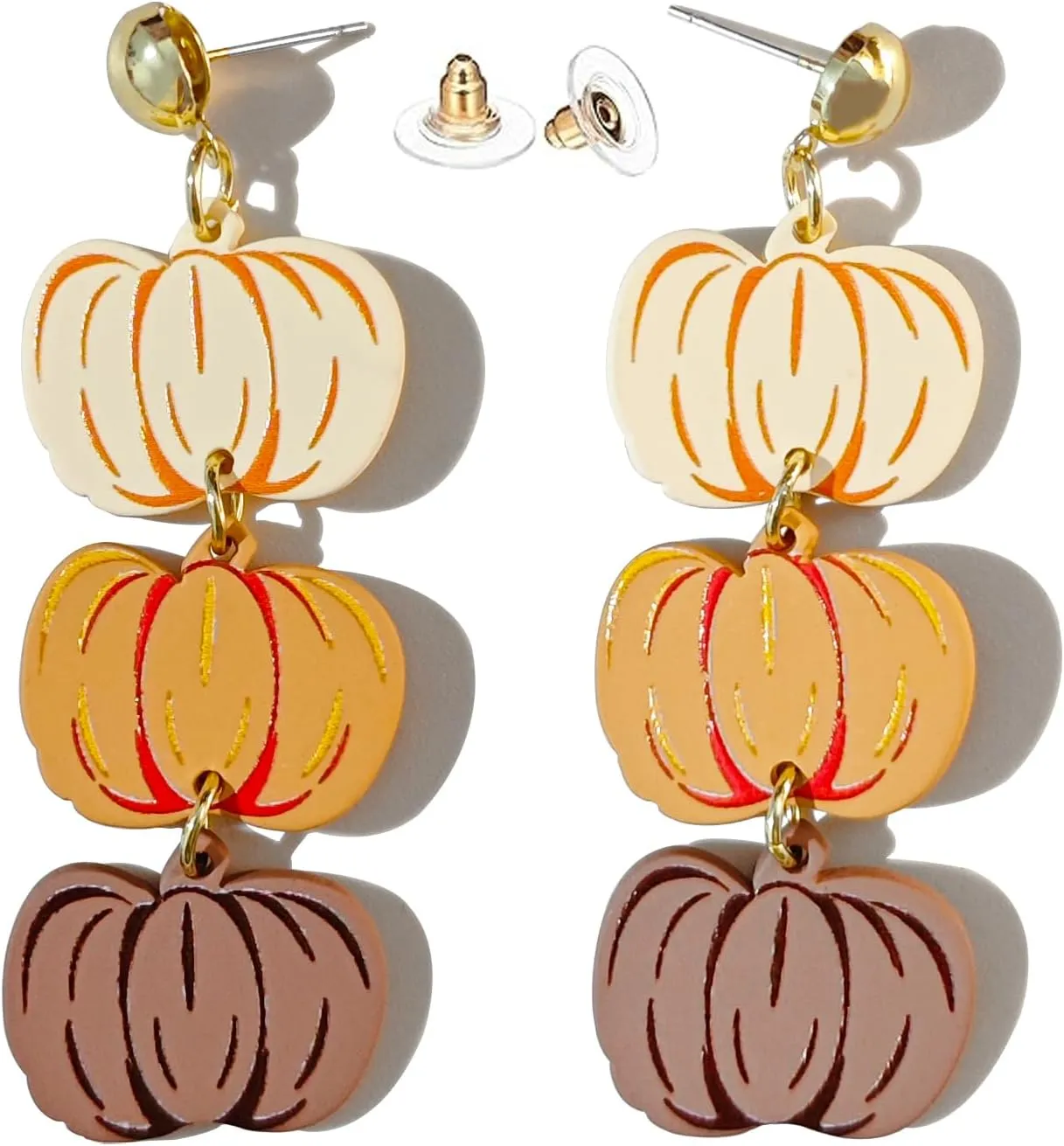 Eioi & Lmnm Women's Acrylic Triple Layer Pumpkin Earrings for Halloween Thanksgiving Fall Festive, Delicate Pumpkin Long Dangle Earrings Lightweight Hypoallergenic Pumpkin Stud Earrings, Fall Autumn Earrings for Holiday Festival Party