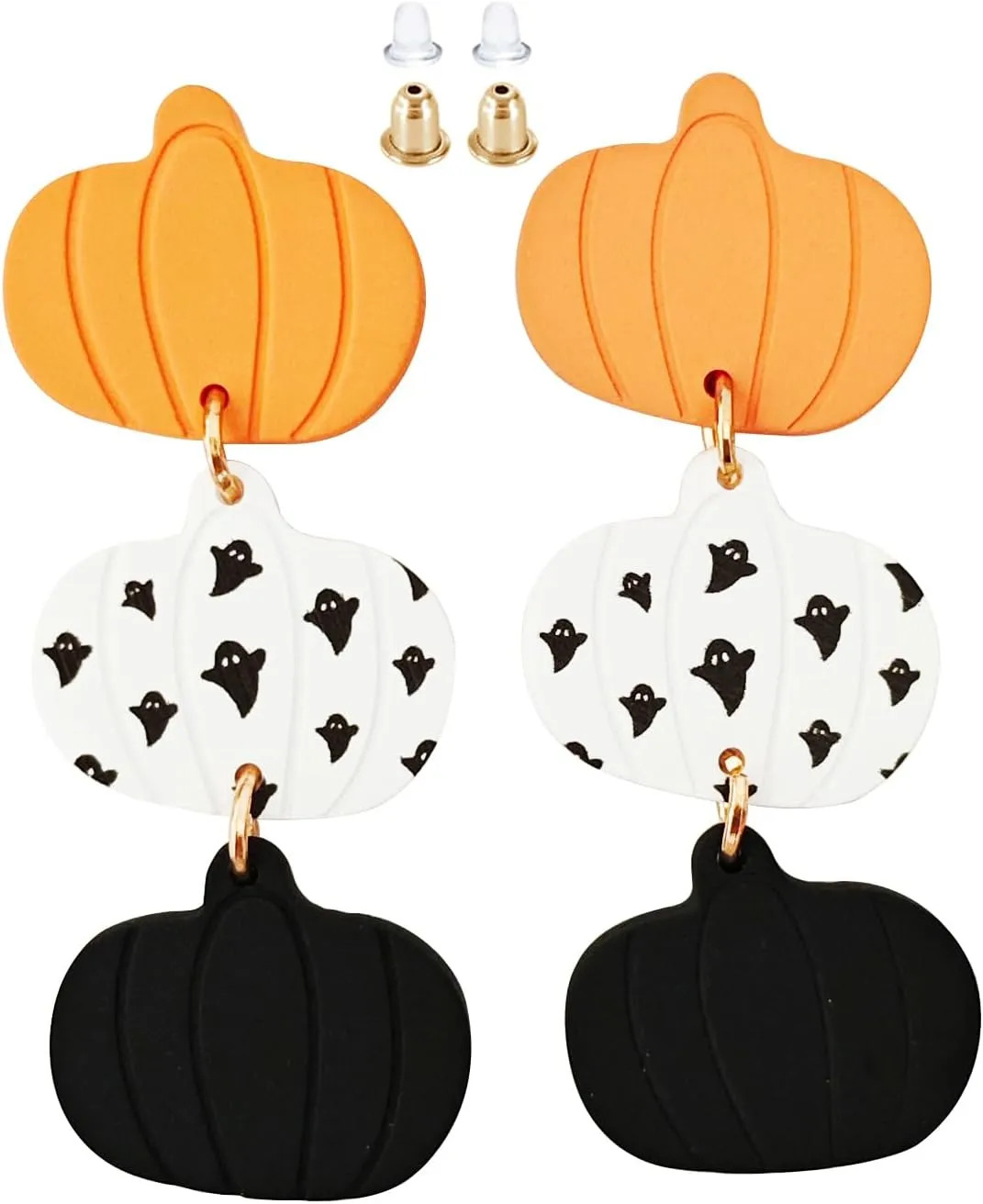 Eioi & Lmnm Women's Triple Layer Pumpkin Ghost Earrings for Halloween, Lightweight Ghost Pumpkin Long Dangle Earrings, Hypoallergenic Halloween Pumpkin Stud Earrings