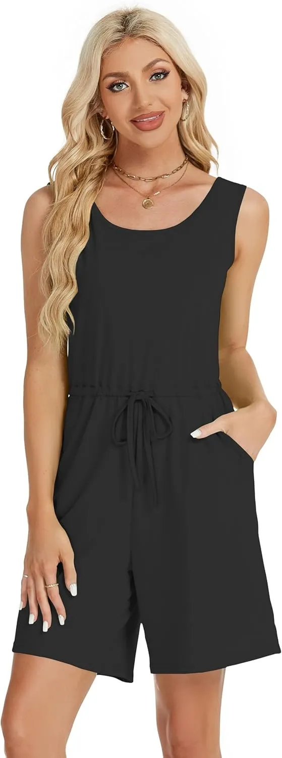 elescat Rompers for Women Summer Sleeveless Casual Short Tank Top Jumpsuit with Pockets