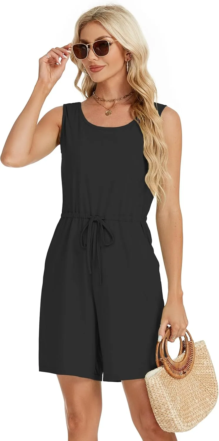 elescat Rompers for Women Summer Sleeveless Casual Short Tank Top Jumpsuit with Pockets