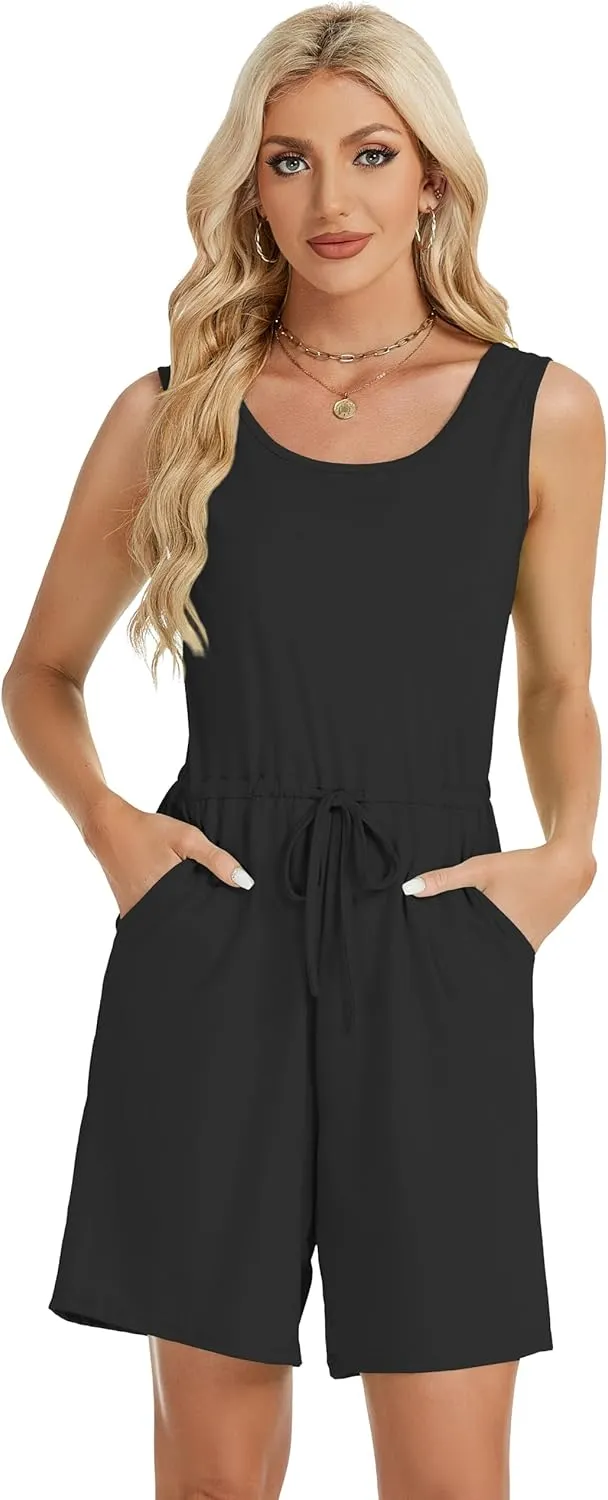 elescat Rompers for Women Summer Sleeveless Casual Short Tank Top Jumpsuit with Pockets