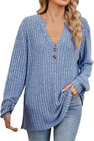 Fall Knitted Sweater for Women Solid Color Warm Long Sleeve V Neck Stripe Textured Pullovers Comfy Warm Thick Tops