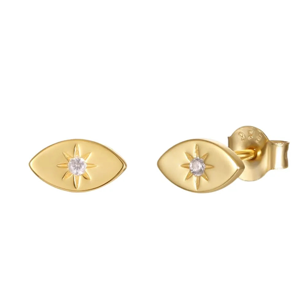 Fashion Minimalist Evil Eye Stud Earrings with Small Star Diamond Accent (Gold)
