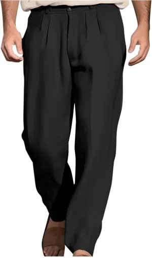 Finelylove Cotton Linen Pants Men Straight Leg Pleated Work Dress Pants Relaxed Fit Casual Leisure Chino Trousers