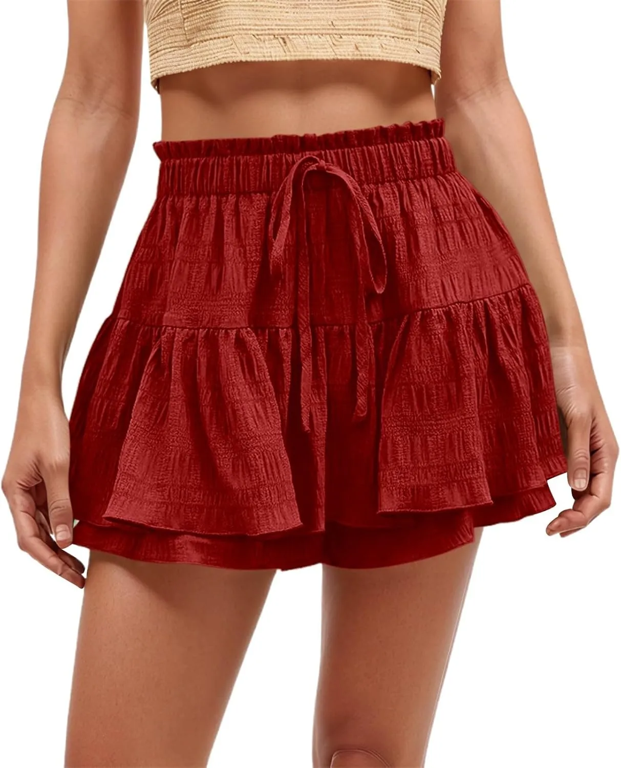 Flowy Summer Shorts for Women Lace Layered High Waist Elastic Mini Skirts Ruffle Hem Pleated Casual Swing Beach Skorts