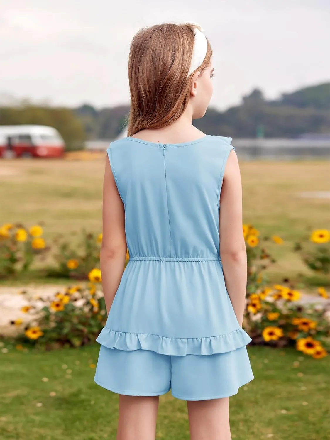Flowyair Girls' Summer Sleeveless Rompers Casual Ruffle Ttrim Elastic Waisted Layered Shorts Jumpsuits