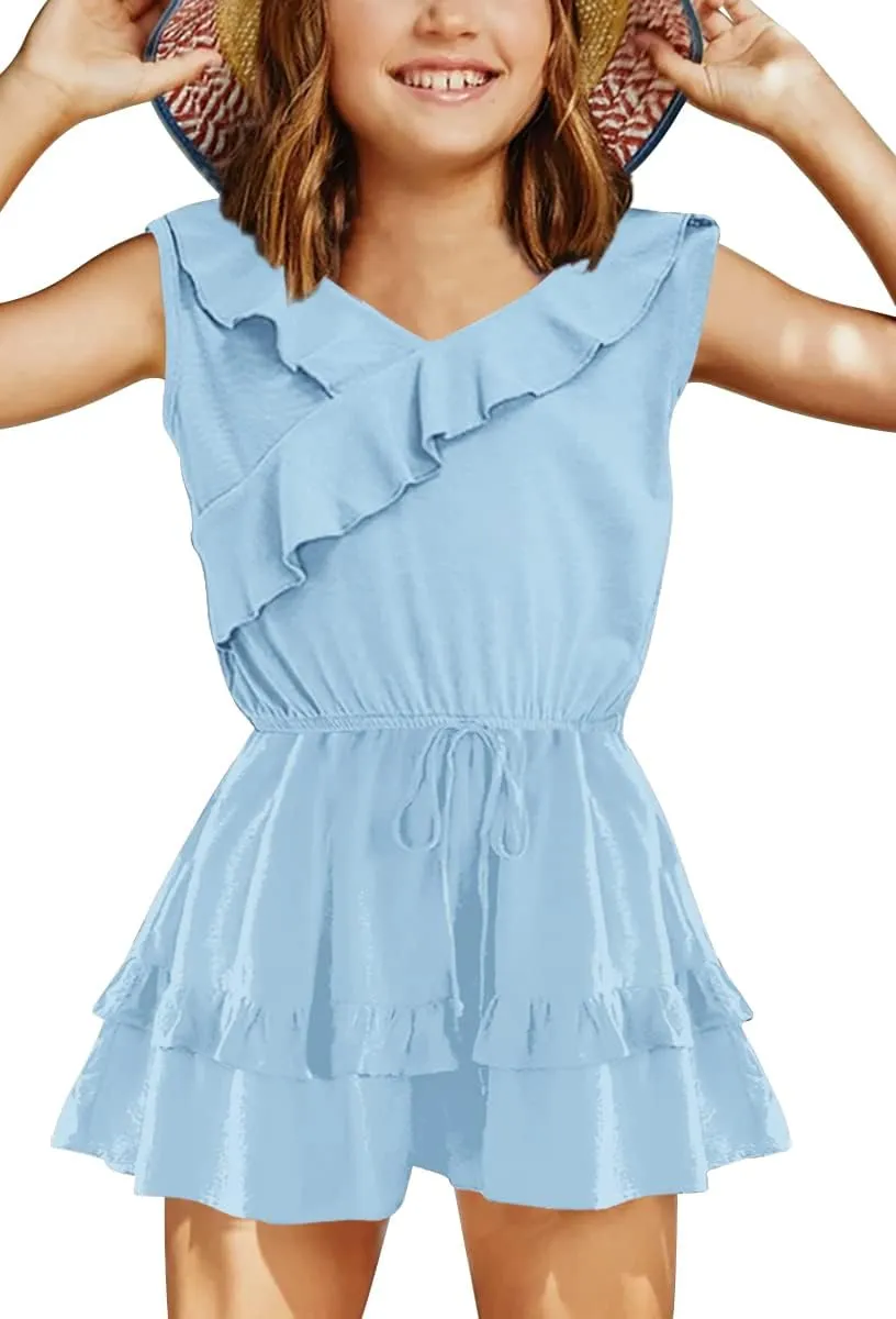 Flowyair Girls' Summer Sleeveless Rompers Casual Ruffle Ttrim Elastic Waisted Layered Shorts Jumpsuits