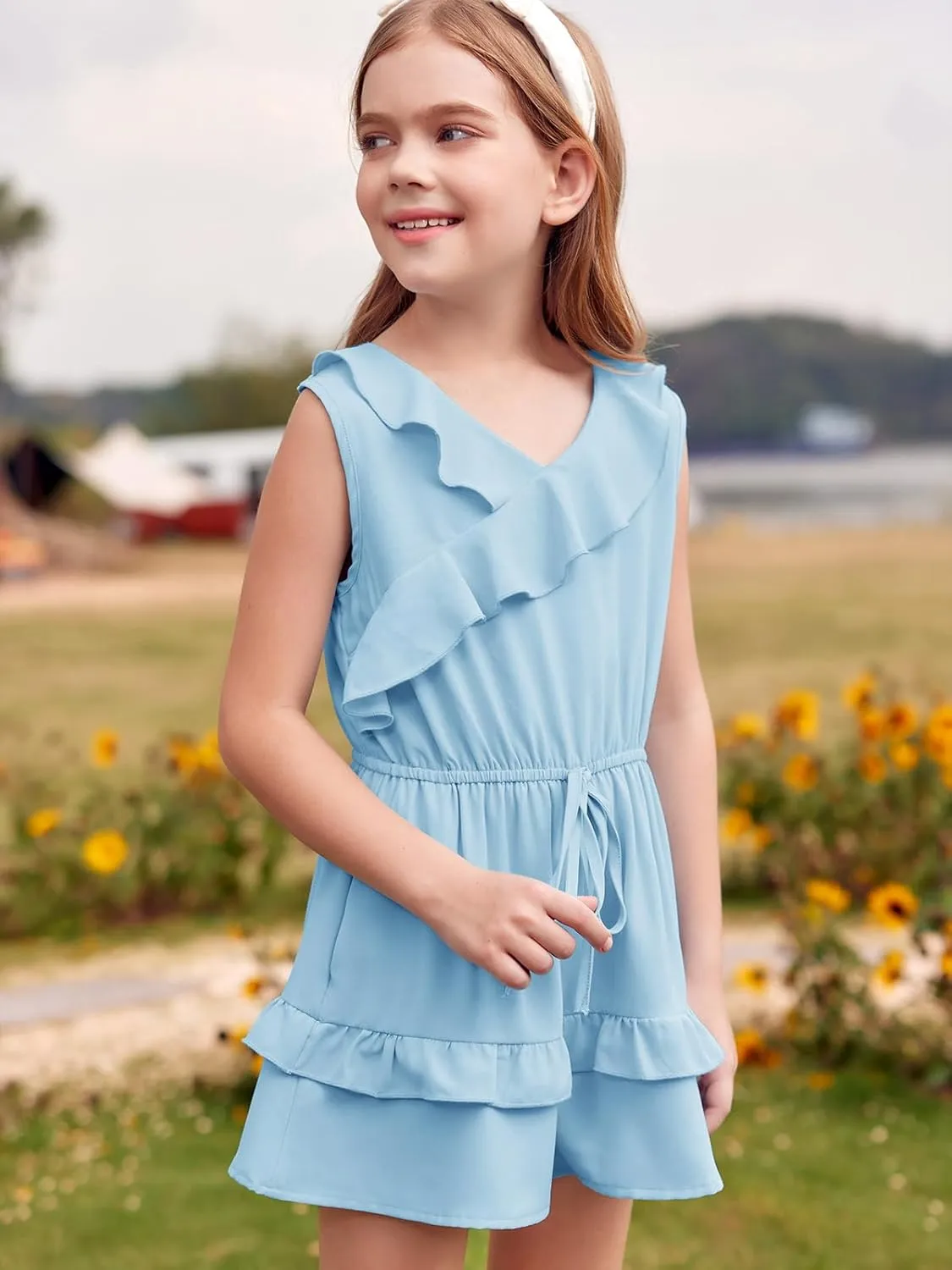 Flowyair Girls' Summer Sleeveless Rompers Casual Ruffle Ttrim Elastic Waisted Layered Shorts Jumpsuits