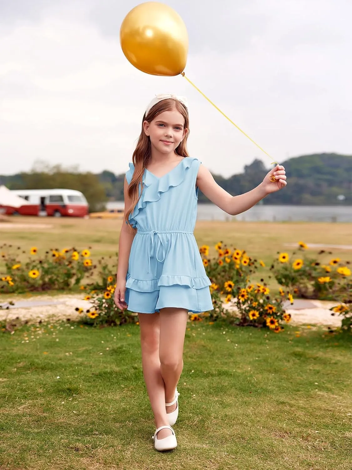 Flowyair Girls' Summer Sleeveless Rompers Casual Ruffle Ttrim Elastic Waisted Layered Shorts Jumpsuits
