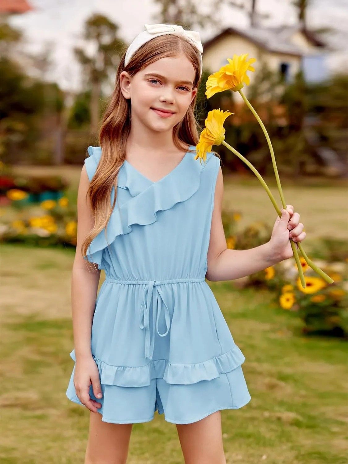 Flowyair Girls' Summer Sleeveless Rompers Casual Ruffle Ttrim Elastic Waisted Layered Shorts Jumpsuits