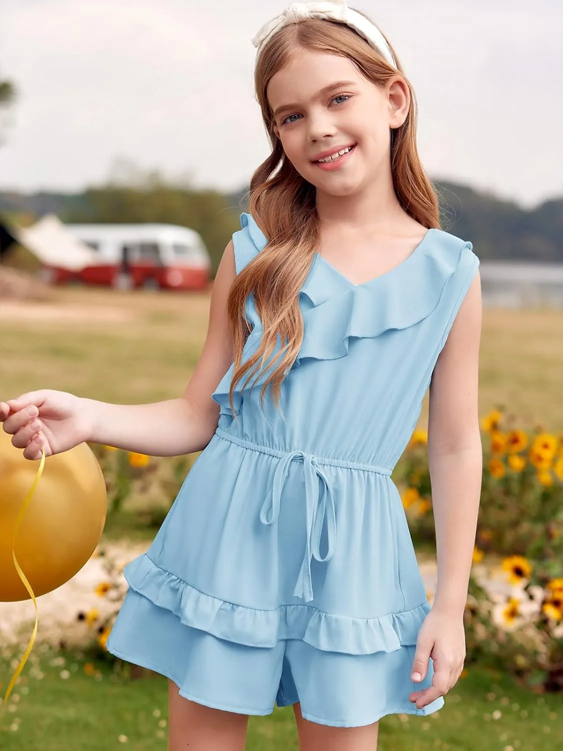Flowyair Girls' Summer Sleeveless Rompers Casual Ruffle Ttrim Elastic Waisted Layered Shorts Jumpsuits