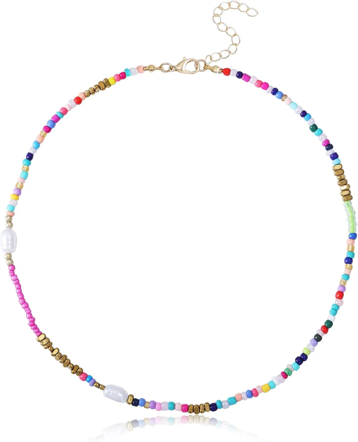 Freshwater Pearl Beaded Necklace for Women, Colorful Boho Seed Glass Beads Choker Necklace Stainless Steel 18K Gold Plated Bohemian Necklace Summer Beach Handmade Jewelry Gifts