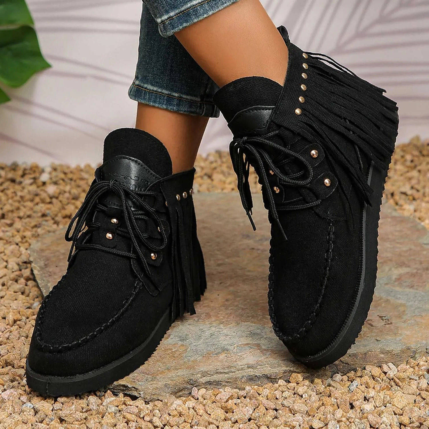 Fringe Cowboy Boots for Women Lightweight Comfy Suede Boho Ankle Booties Slip On Dress Walking Shoes Bohemian Vintage Tassel Lace Up Wide Round Toe Short Boots