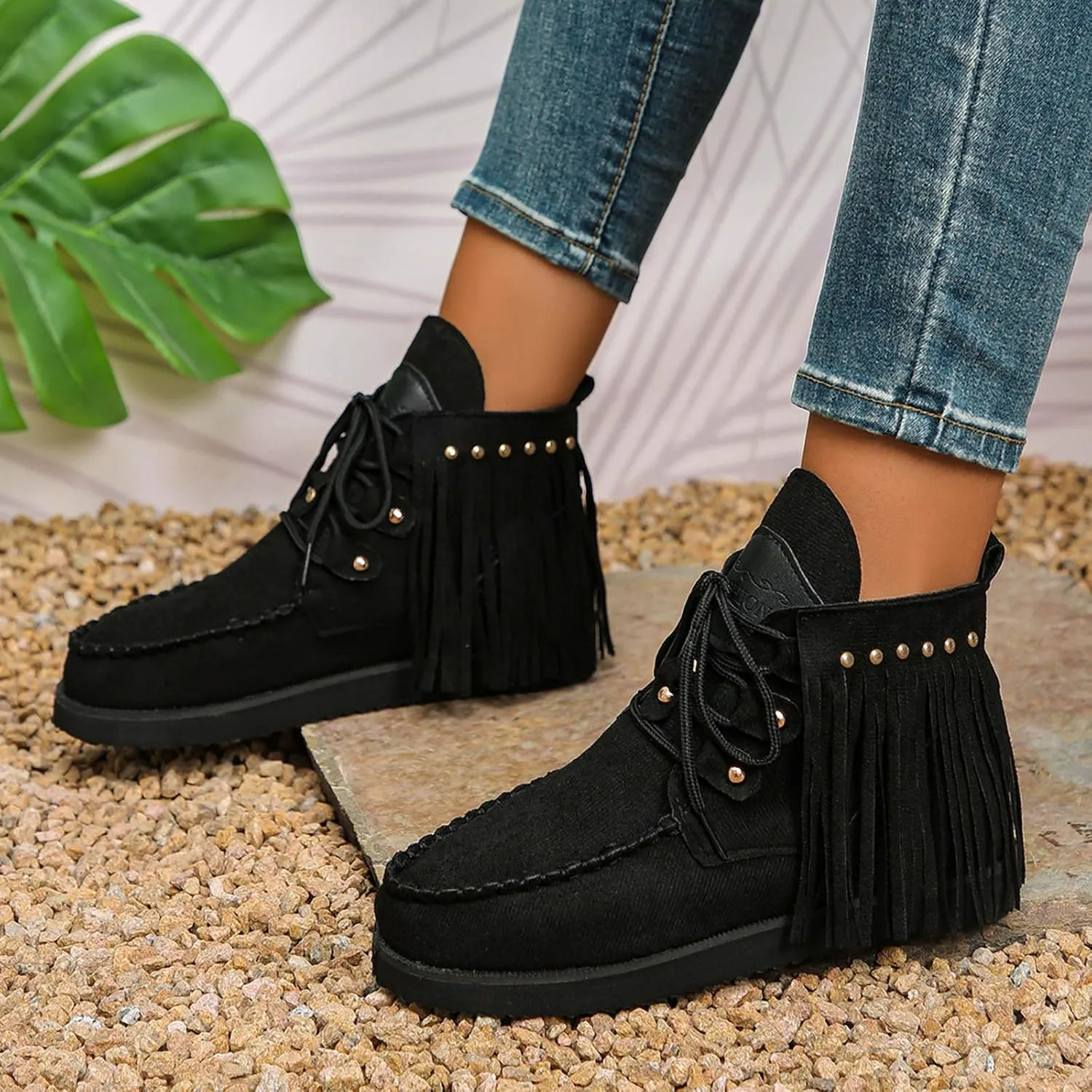 Fringe Cowboy Boots for Women Lightweight Comfy Suede Boho Ankle Booties Slip On Dress Walking Shoes Bohemian Vintage Tassel Lace Up Wide Round Toe Short Boots